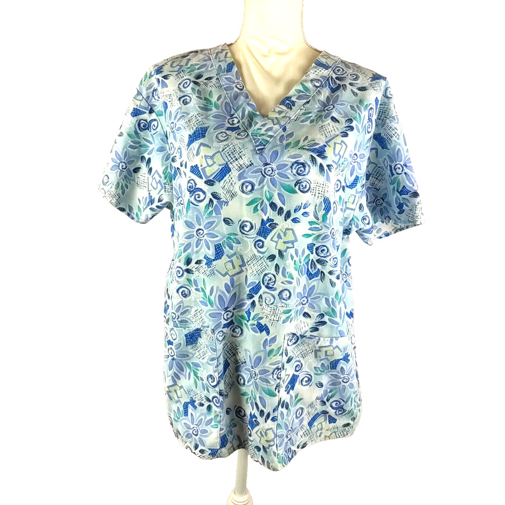 Crest Women's Scrub Top Size Medium Blue Flowers